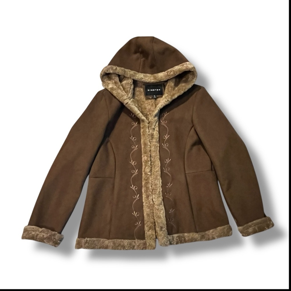 Braetan Penny Lane Coat Hooded Faux Fur Lined Embroidered Pockets Size XL Brown